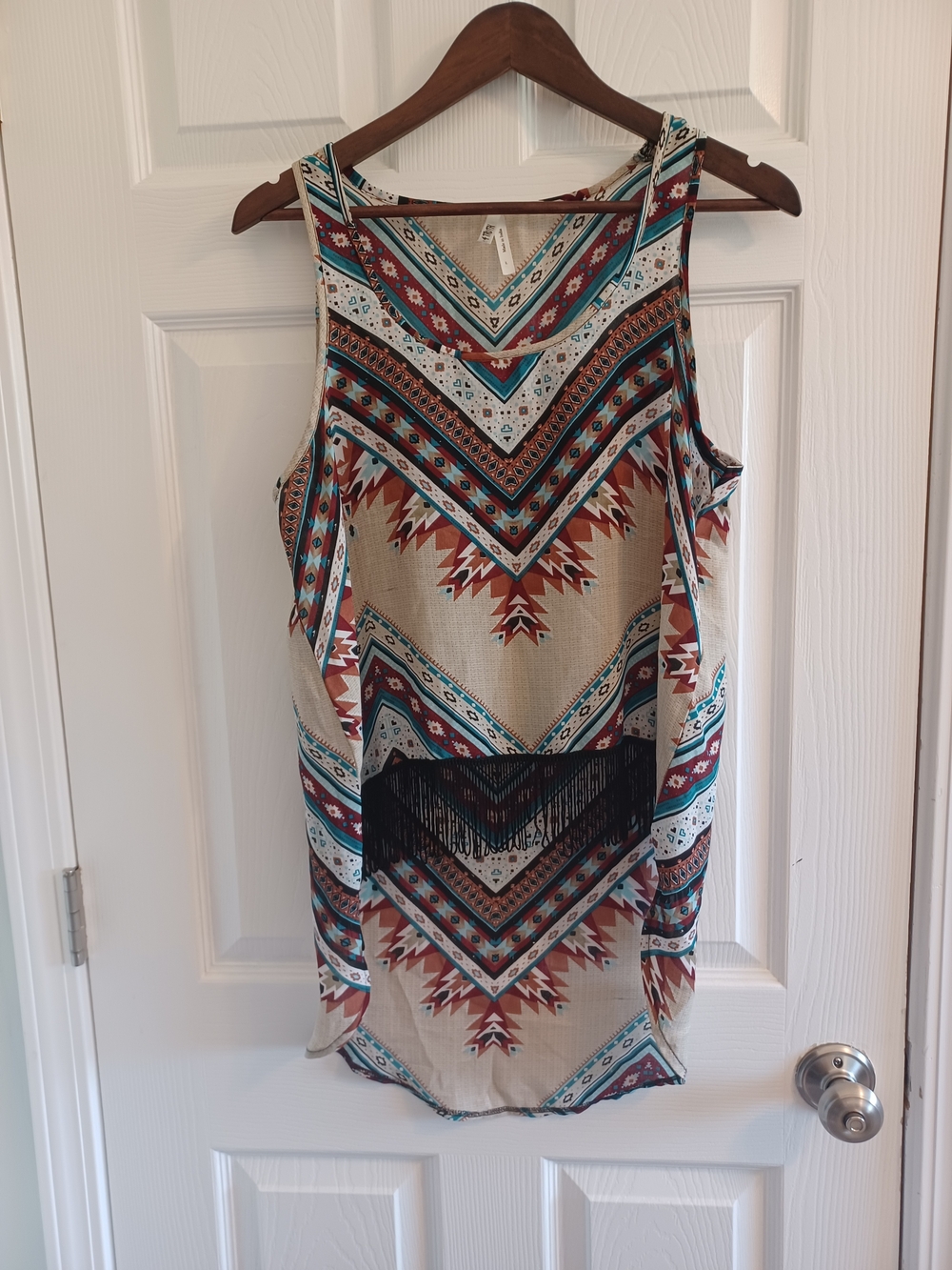 Southwest /Western Print Hi-lo Tank in Teal, Rust & Cream Boho Fringe Large